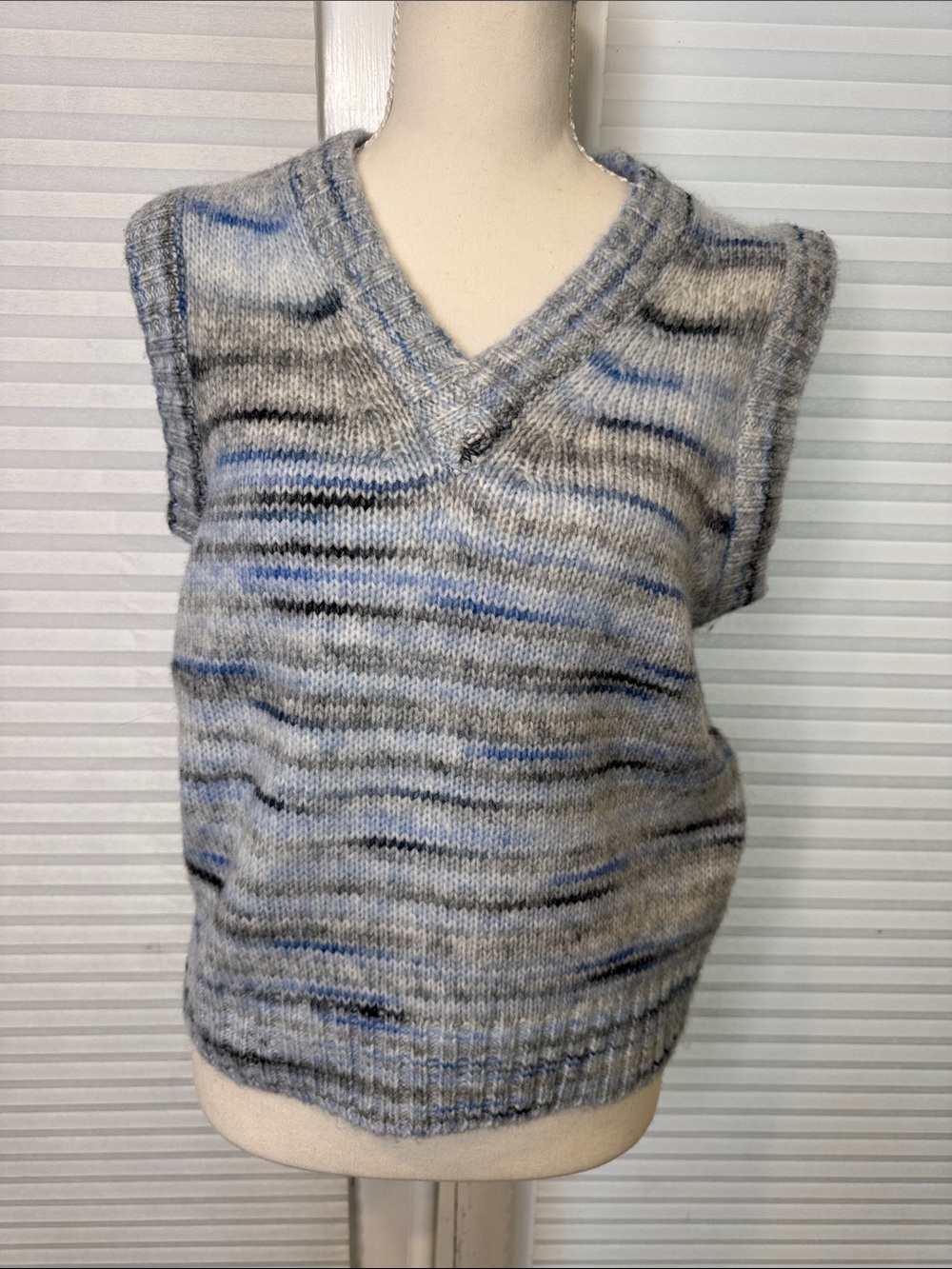 French Connection Gray and Blue Striped V-Neck Sweater Vest 1333